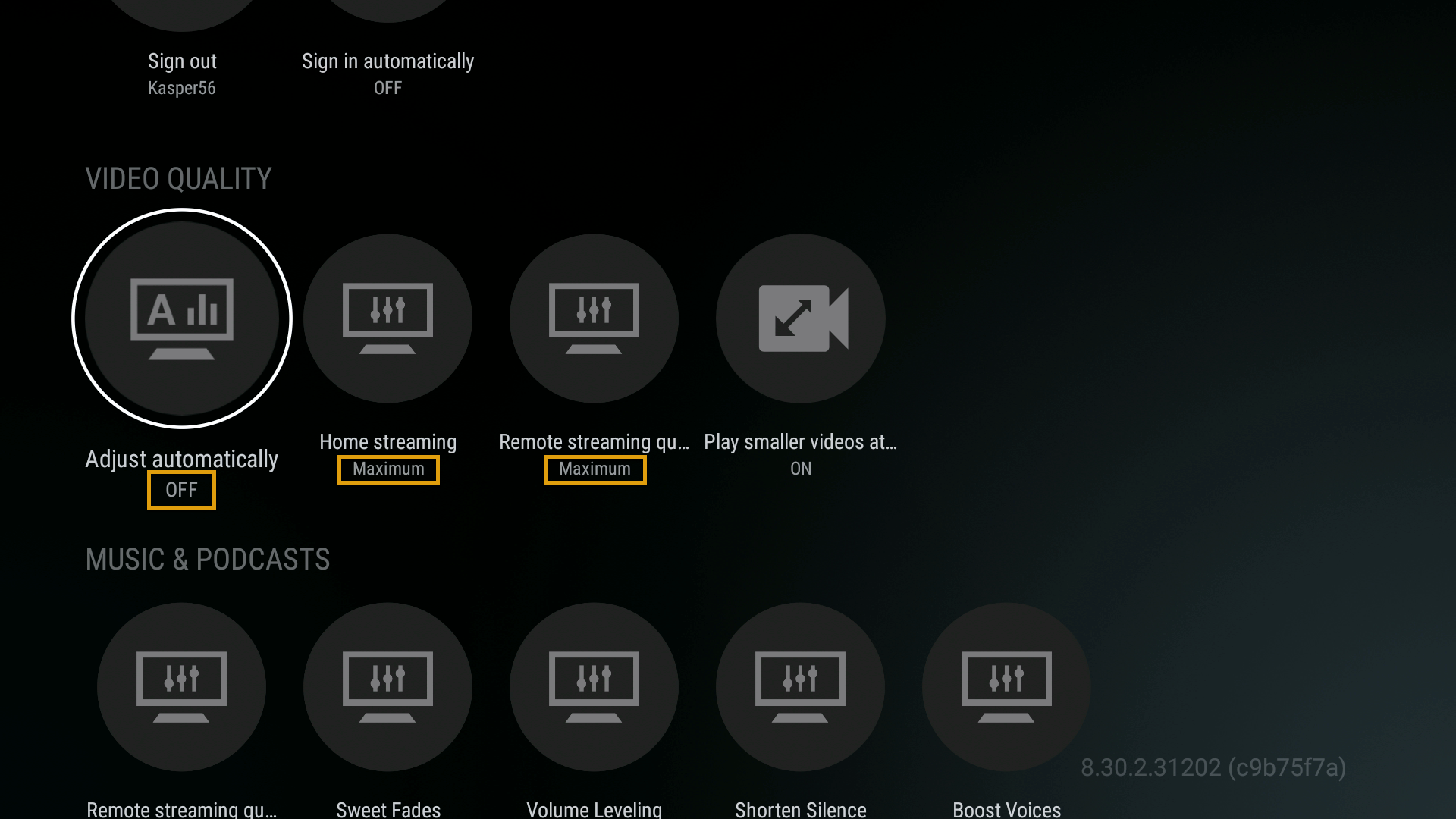 (../media/clients-androidtv-2.png "Turn of 'Adjust automatically' and set streaming to 'Maximum'")