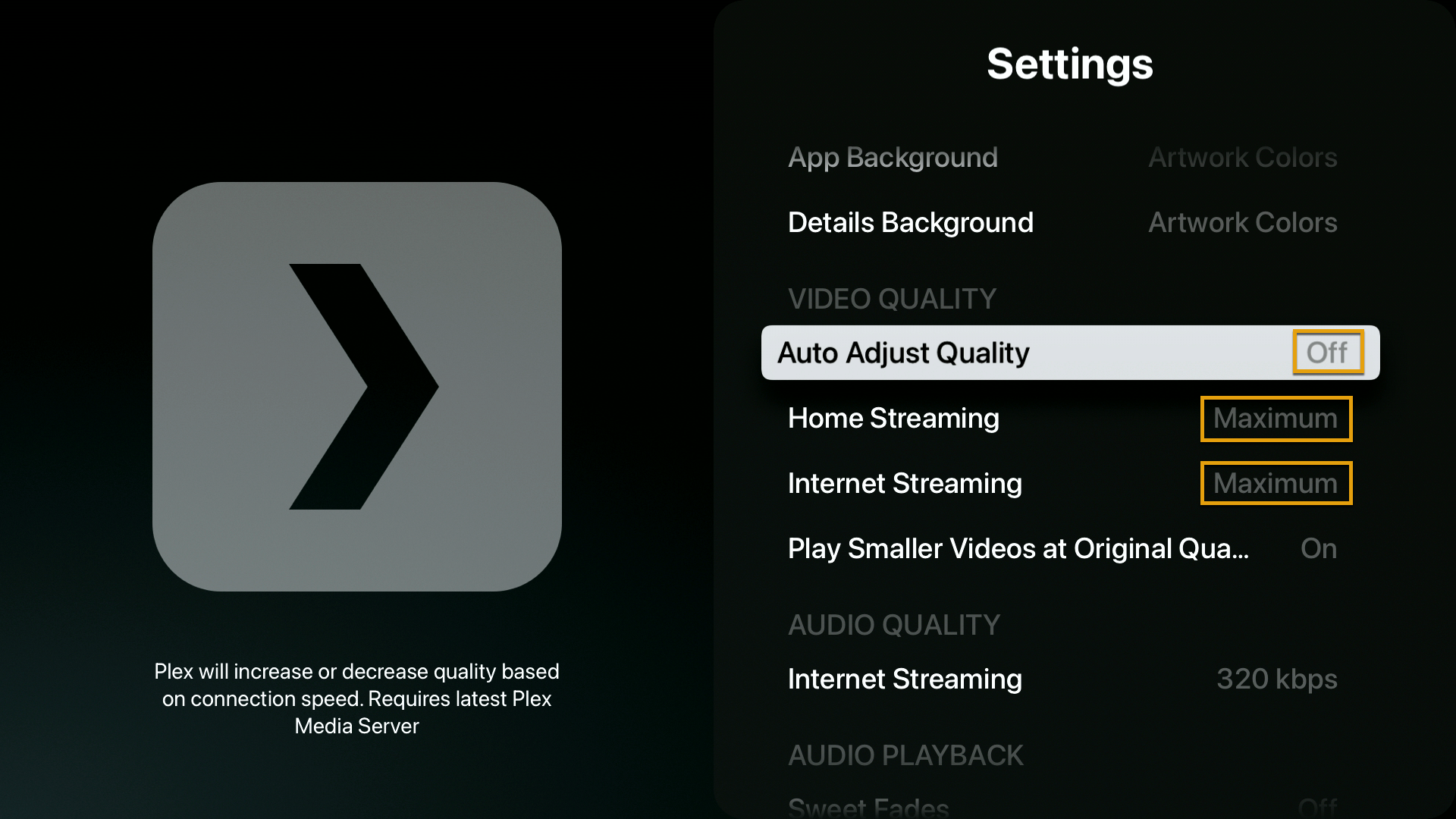 (../media/clients-appletv-2.png "Turn off 'Adjust automatically' and set streaming to 'Maximum'")