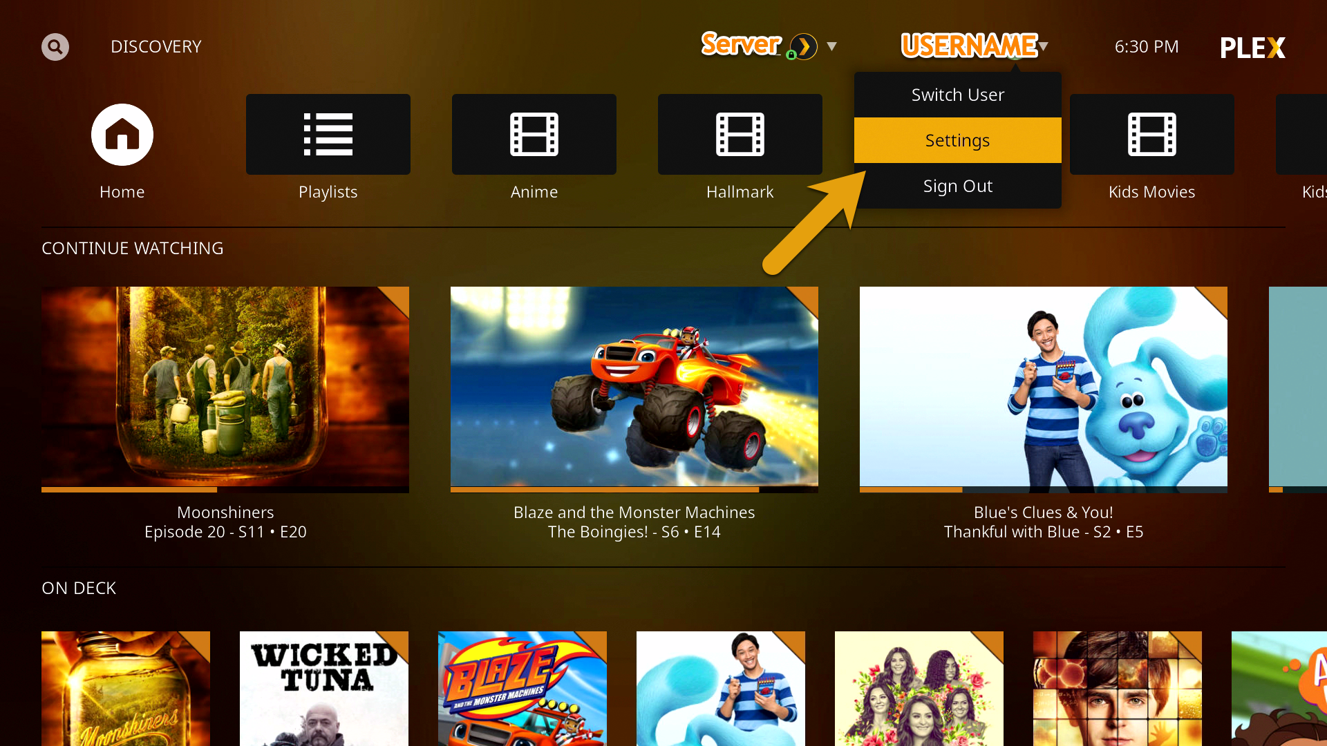 (../media/clients-kodi-1.png "Click on 'Settings'")