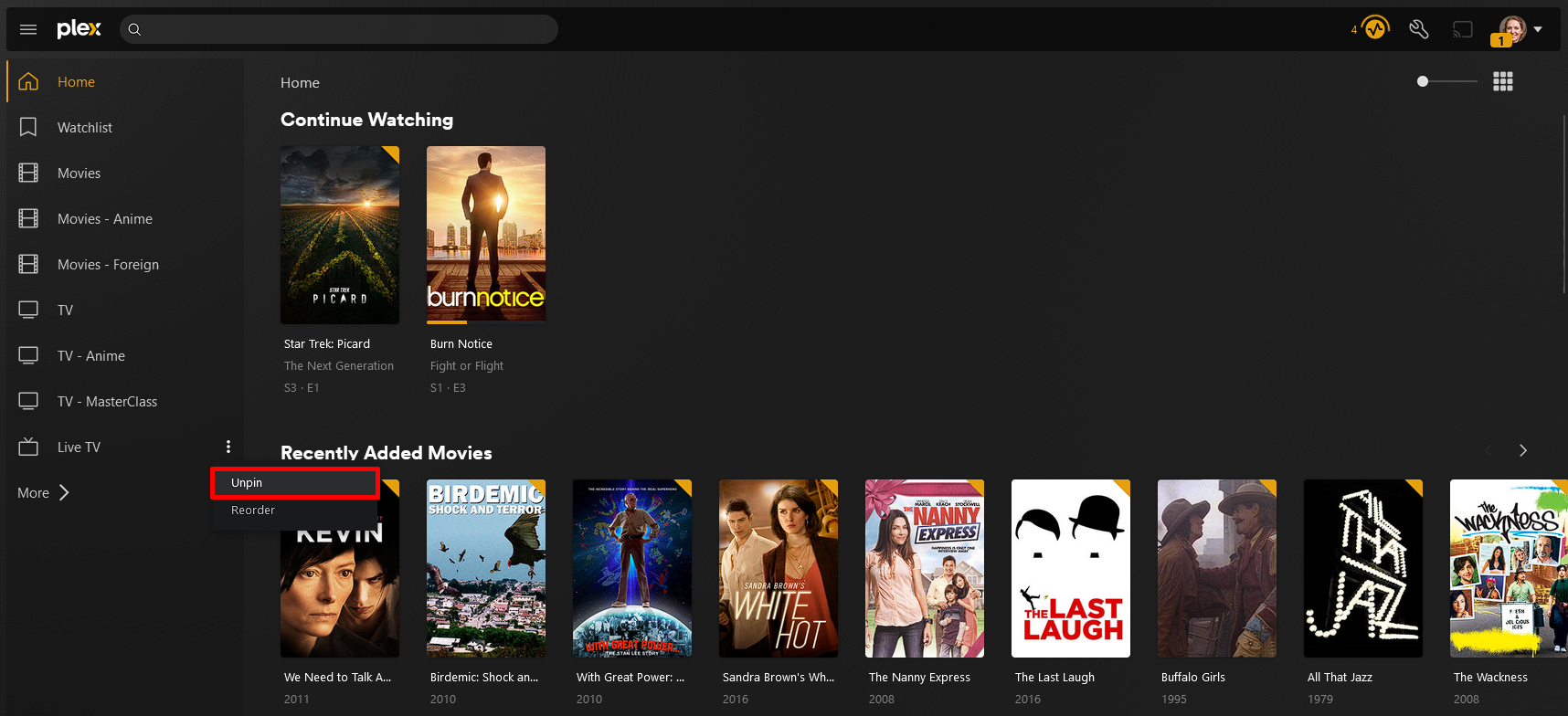 (../media/unpin-bad-plex.png "Unpin the unwanted items")